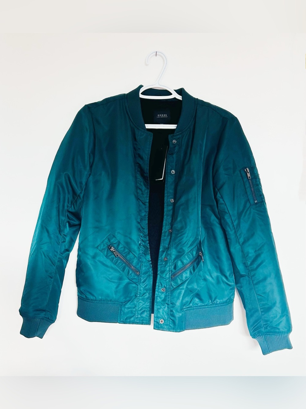 NWT GUESS Los Angeles Teal Green Satin Sherpa-Lined Bomber Jacket - Size XS